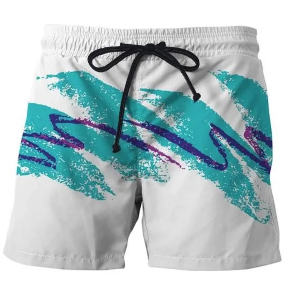 Men's White Swim Trunks with Teal and Purple Wave Print
